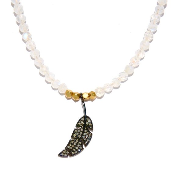 Sterling Silver and 14k Gold Filled Moonstone & Diamond Leaf Necklace - Picture 1 of 5